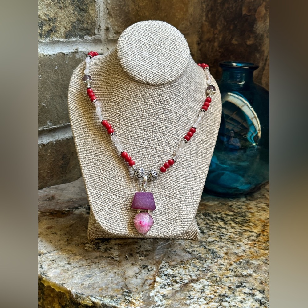 Silver Pink Solar Quartz Druzy Bead Stone Necklace